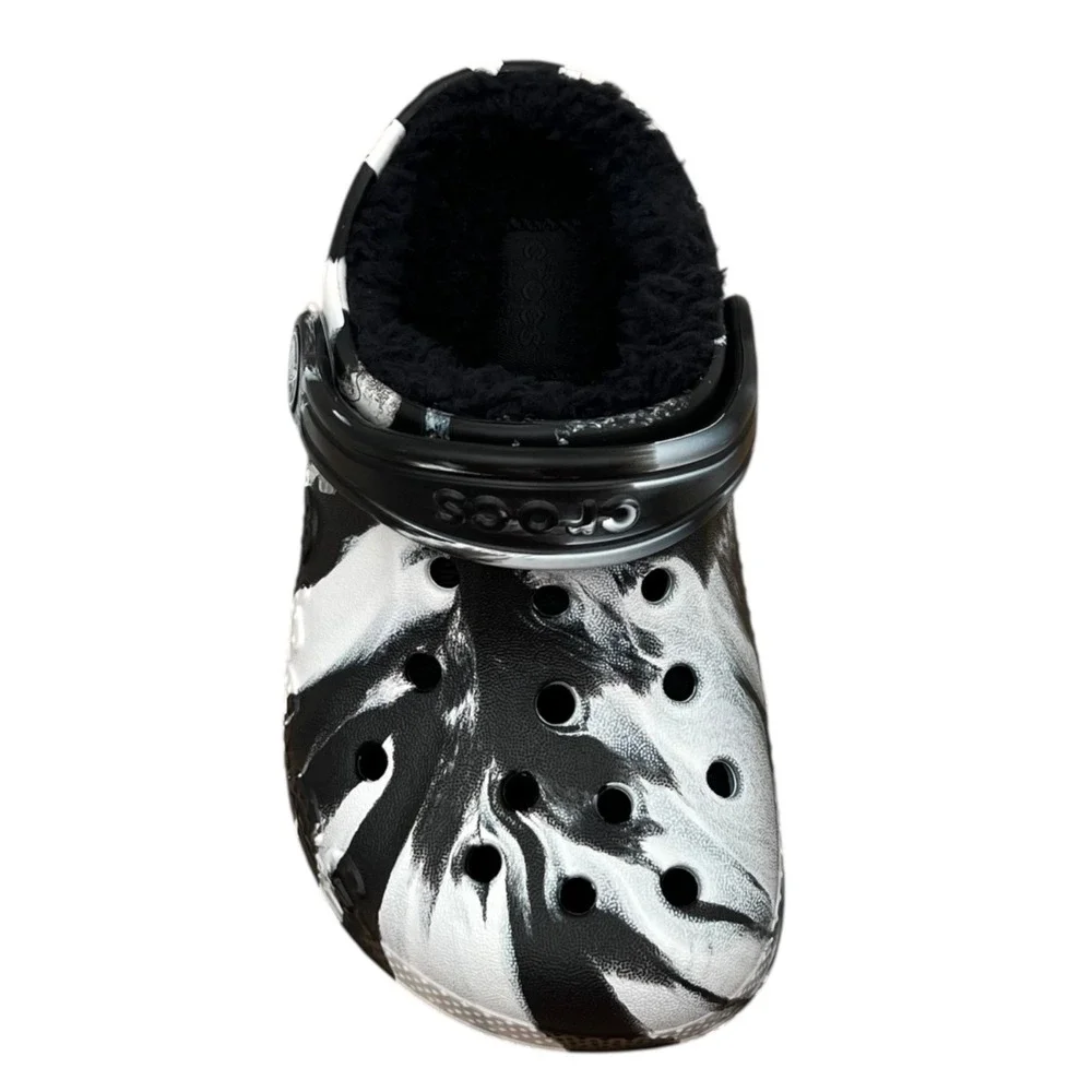 Crocs Toddler Boys Lined Clog Size 8 Black White Marbled Slip-on Cozy Warm Shoes
